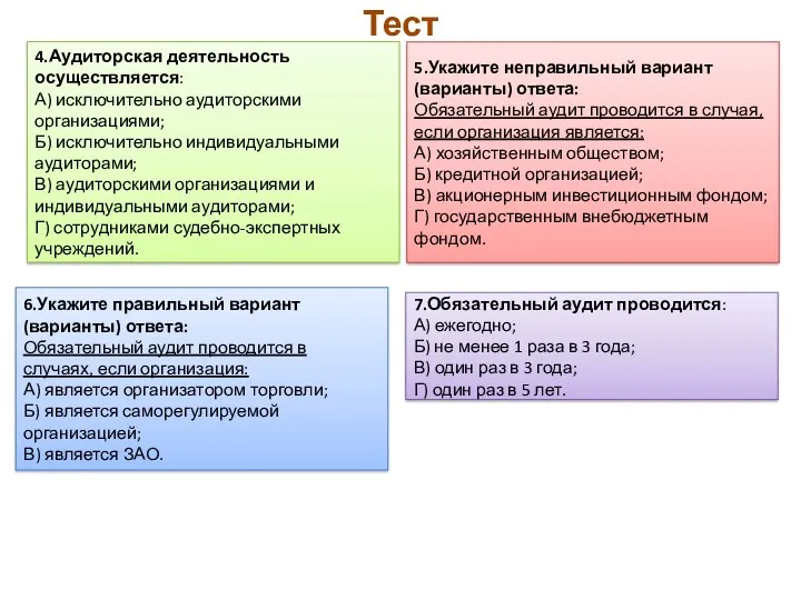 Тест 4.Аудиторская деятельность осуществляется: А) исключительно аудиторскими организациями; Б) исключительно