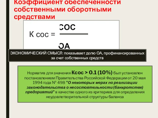 Коэффициент обеспеченности собственными оборотными средствами СОС ОА К сос =