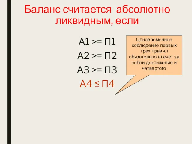 Баланс считается абсолютно ликвидным, если А1 >= П1 А2 >=