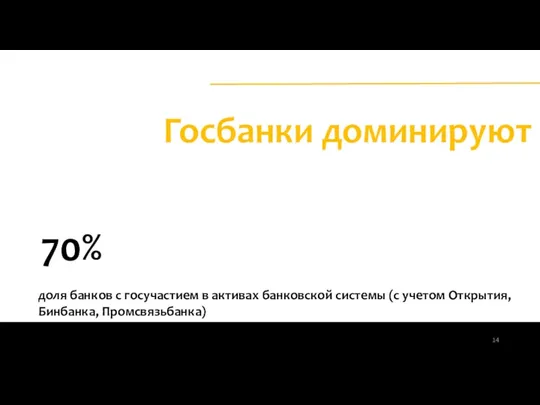 Госбанки доминируют 70% доля банков с госучастием в активах банковской системы (с учетом Открытия, Бинбанка, Промсвязьбанка)