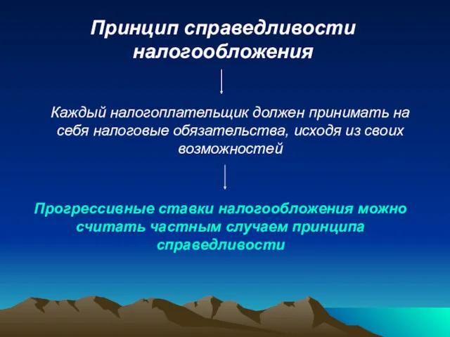 Принцип справедливости налогообложения Каждый налогоплательщик должен принимать на себя налоговые