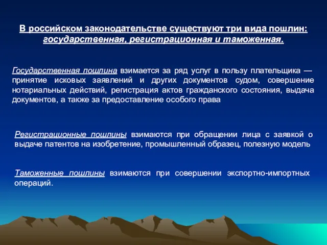 В российском законодательстве существуют три вида пошлин: государственная, регистрационная и