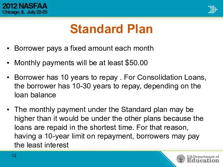 Standard Plan Borrower pays a fixed amount each month Monthly