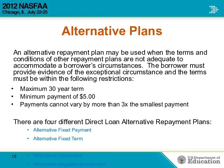 Alternative Plans An alternative repayment plan may be used when