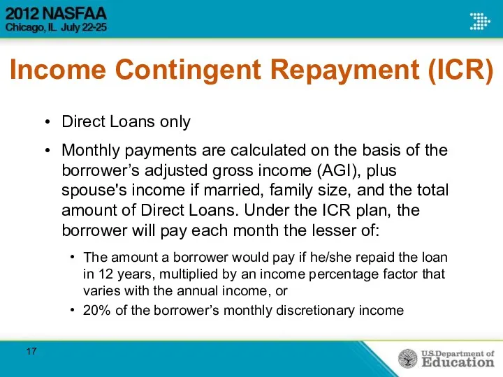 Income Contingent Repayment (ICR) Direct Loans only Monthly payments are