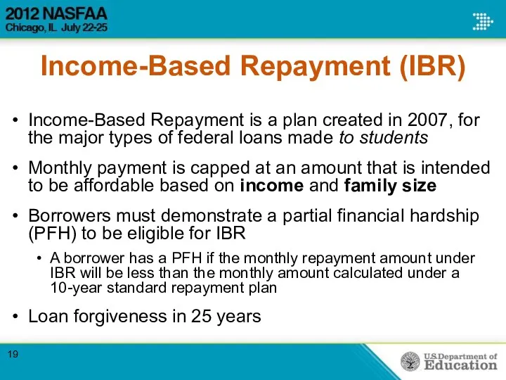 Income-Based Repayment (IBR) Income-Based Repayment is a plan created in