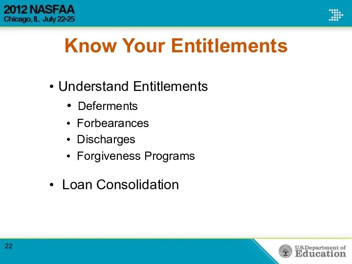 Know Your Entitlements Understand Entitlements Deferments Forbearances Discharges Forgiveness Programs Loan Consolidation