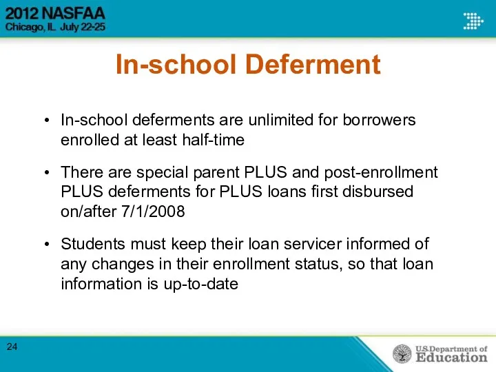 In-school Deferment In-school deferments are unlimited for borrowers enrolled at