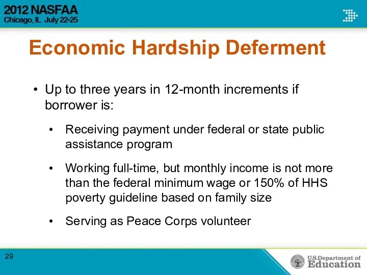 Economic Hardship Deferment Up to three years in 12-month increments