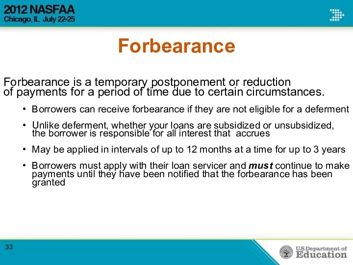 Forbearance Forbearance is a temporary postponement or reduction of payments