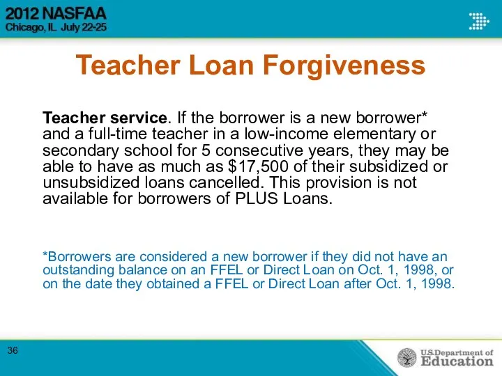 Teacher Loan Forgiveness Teacher service. If the borrower is a