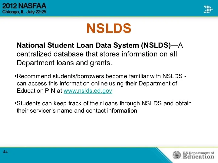 NSLDS National Student Loan Data System (NSLDS)—A centralized database that