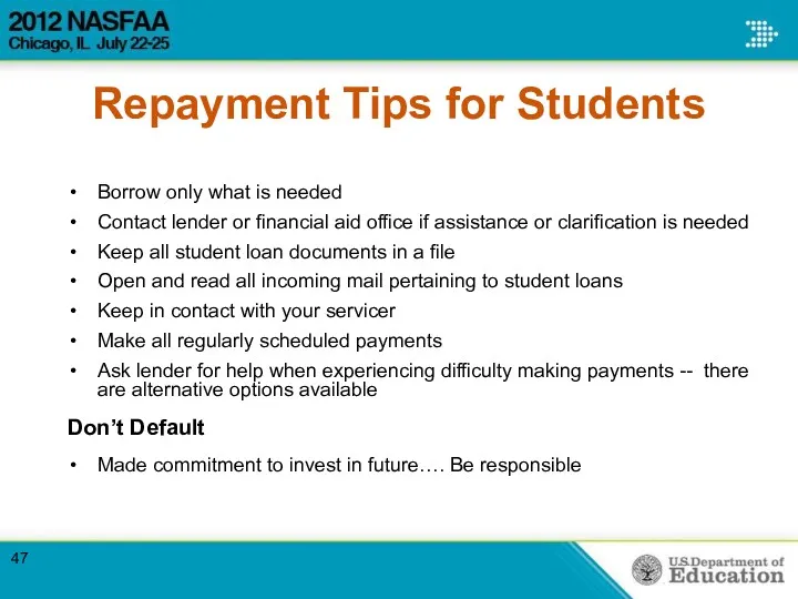 Repayment Tips for Students Borrow only what is needed Contact