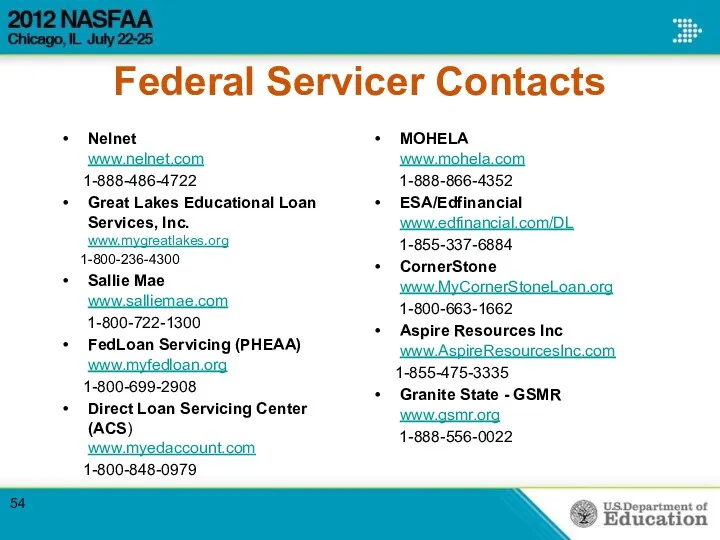 Federal Servicer Contacts Nelnet www.nelnet.com 1-888-486-4722 Great Lakes Educational Loan