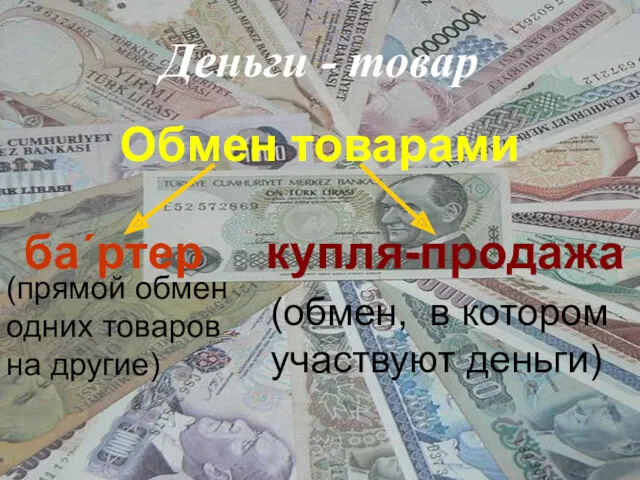 Деньги - товар Обмен товарами ба´ртер купля-продажа (обмен, в котором участвуют деньги) (прямой
