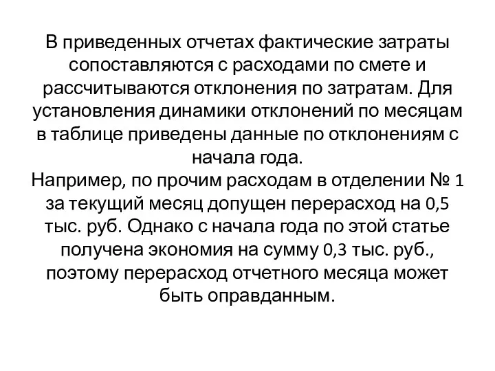 В приведенных отчетах фактические затраты сопоставляются с расходами по смете