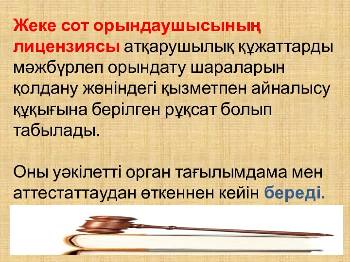 Жеке сот орындаушысының лицензиясы атқарушылық құжаттарды мәжбүрлеп орындату шараларын қолдану жөніндегі қызметпен айналысу