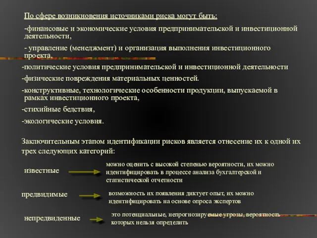 По сфере возникновения источниками риска могут быть: -финансовые и экономические