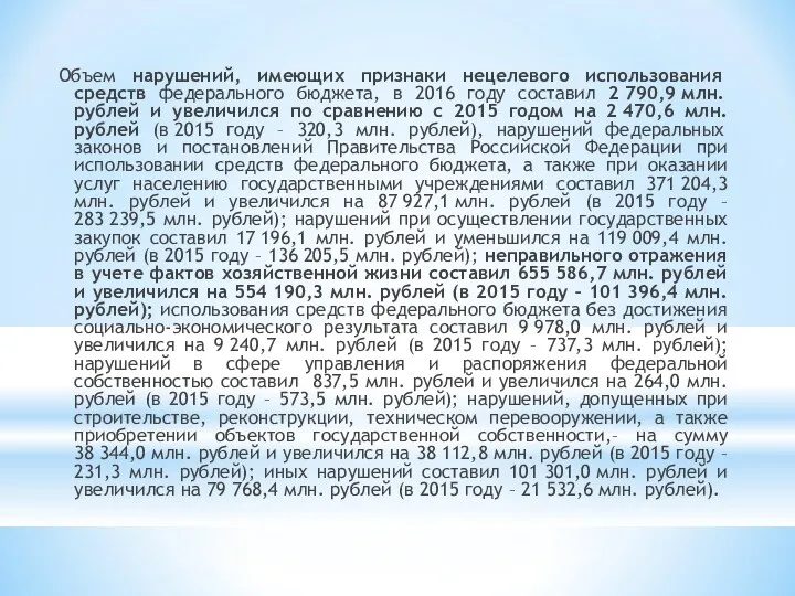 Объем нарушений, имеющих признаки нецелевого использования средств федерального бюджета, в