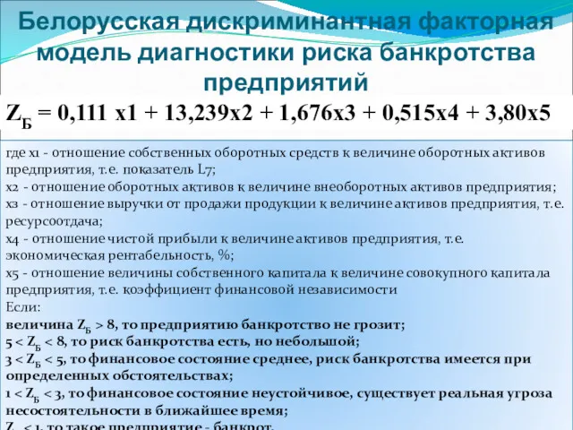 Белорусская дискриминантная факторная модель диагностики риска банкротства предприятий ZБ = 0,111 х1 +