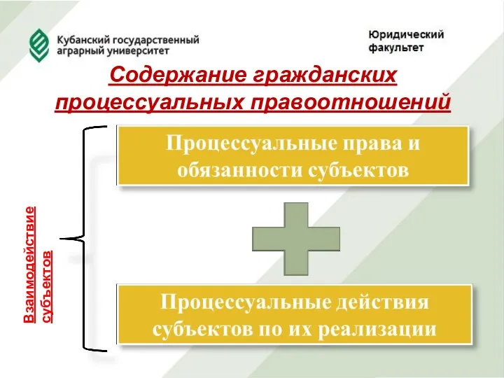 Содержание гражданских процессуальных правоотношений Взаимодействие субъектов