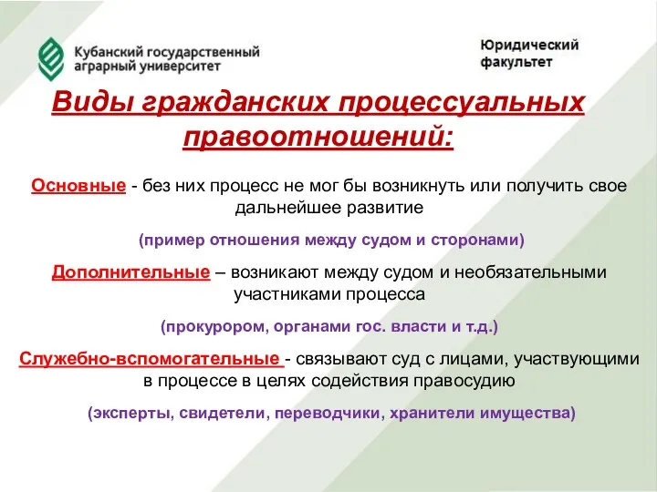 Виды гражданских процессуальных правоотношений: Основные - без них процесс не