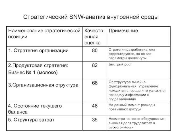 Стратегический SNW-анализ внутренней среды