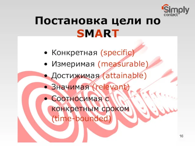 Постановка цели по SMART Конкретная (specific) Измеримая (measurable) Достижимая (attainable)