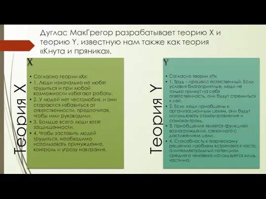 Дуглас МакГрегор разрабатывает теорию Х и теорию Y, известную нам также как теория «Кнута и пряника».