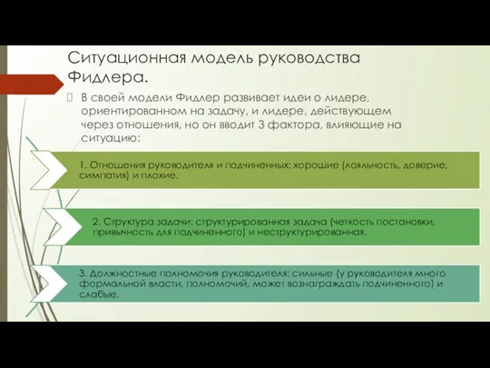 Ситуационная модель руководства Фидлера. В своей модели Фидлер развивает идеи о лидере, ориентированном