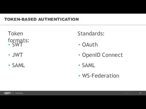 SWT JWT SAML TOKEN-BASED AUTHENTICATION OAuth OpenID Connect SAML WS-Federation Token formats: Standards: