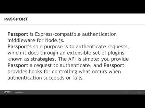 PASSPORT Passport is Express-compatible authentication middleware for Node.js. Passport's sole