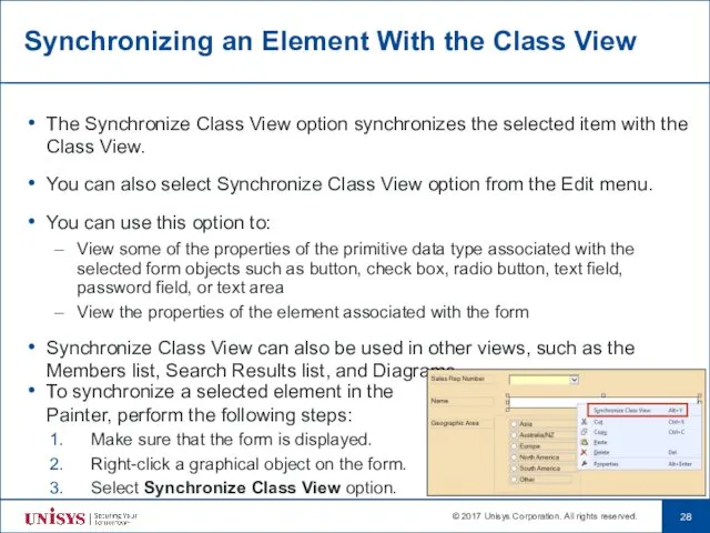 Synchronizing an Element With the Class View The Synchronize Class View option synchronizes