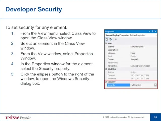 Developer Security To set security for any element: From the View menu, select