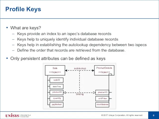 Profile Keys What are keys? Keys provide an index to an ispec’s database