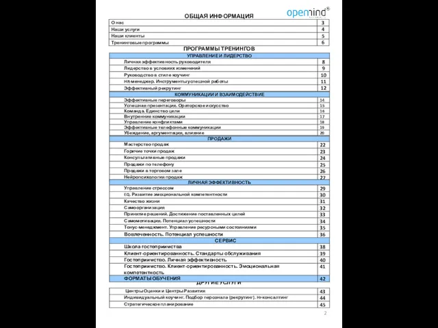 ОБЩАЯ ИНФОРМАЦИЯ ПРОГРАММЫ ТРЕНИНГОВ ДРУГИЕ УСЛУГИ