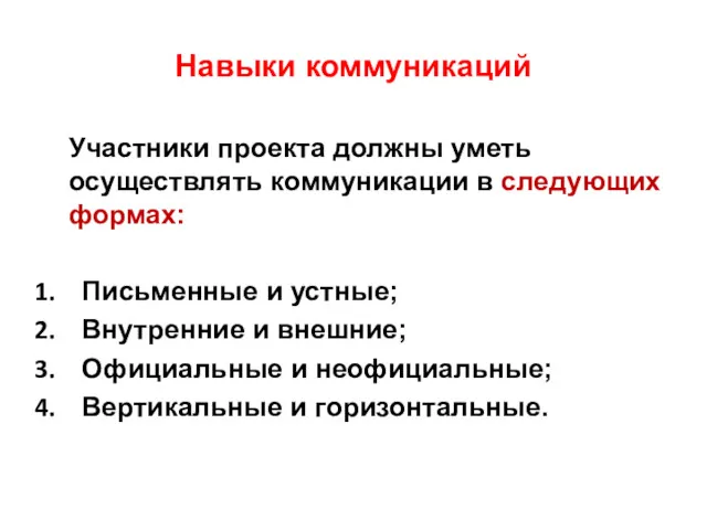 Навыки коммуникаций Участники проекта должны уметь осуществлять коммуникации в следующих формах: Письменные и