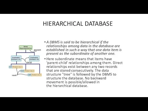 HIERARCHICAL DATABASE A DBMS is said to be hierarchical if the relationships among