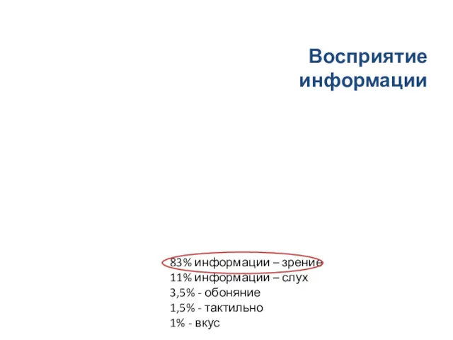 83% информации – зрение 11% информации – слух 3,5% - обоняние 1,5% -