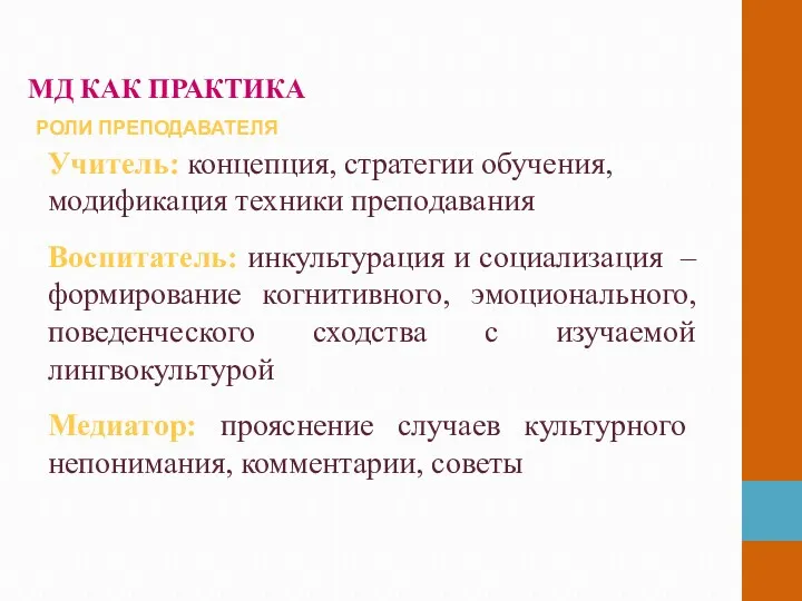 МД КАК ПРАКТИКА РОЛИ ПРЕПОДАВАТЕЛЯ Учитель: концепция, стратегии обучения, модификация