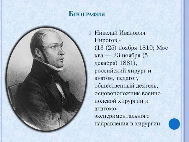 Биография Николай Иванович Пирогов - (13 (25) ноября 1810; Москва — 23 ноября