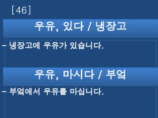 [46] 우유, 있다 / 냉장고 냉장고에 우유가 있습니다. 부엌에서 우유를 마십니다. 우유, 마시다 / 부엌