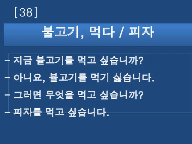 [38] 불고기, 먹다 / 피자 지금 불고기를 먹고 싶습니까? 아니요,