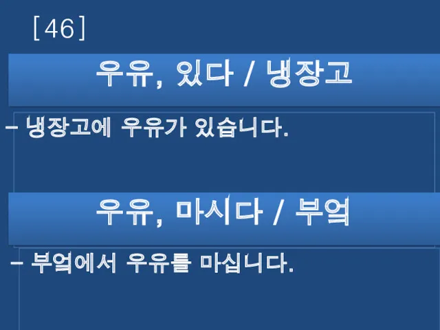 [46] 우유, 있다 / 냉장고 냉장고에 우유가 있습니다. 부엌에서 우유를 마십니다. 우유, 마시다 / 부엌