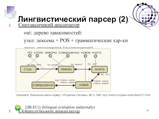 Лингвистический парсер (2) Синтаксичекий анализатор out: дерево зависимостей: узел: лексема