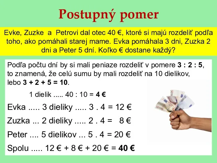 Postupný pomer Evke, Zuzke a Petrovi dal otec 40 €,