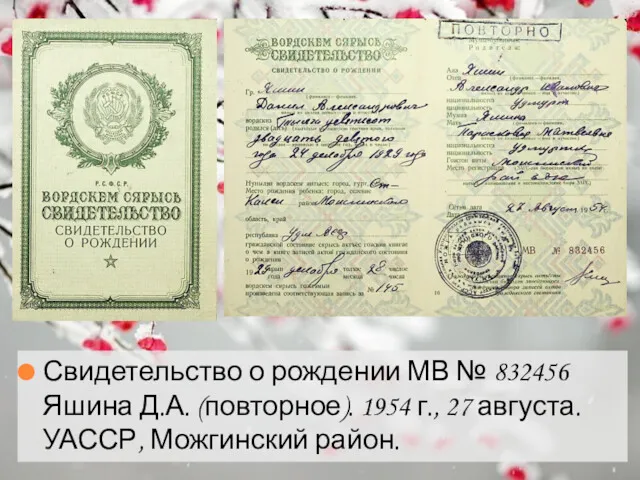 Свидетельство о рождении МВ № 832456 Яшина Д.А. (повторное). 1954 г., 27 августа. УАССР, Можгинский район.