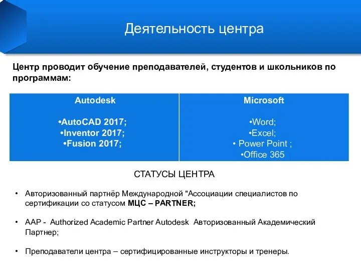 Деятельность центра Центр проводит обучение преподавателей, студентов и школьников по