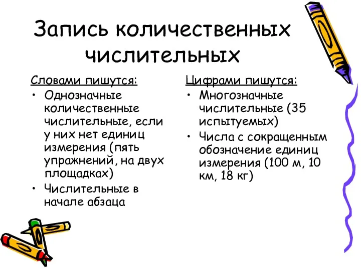 Запись количественных числительных Словами пишутся: Однозначные количественные числительные, если у