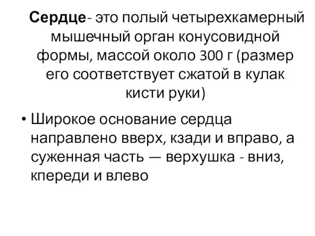 Сердце- это полый четырехкамерный мышечный орган конусовидной формы, массой около